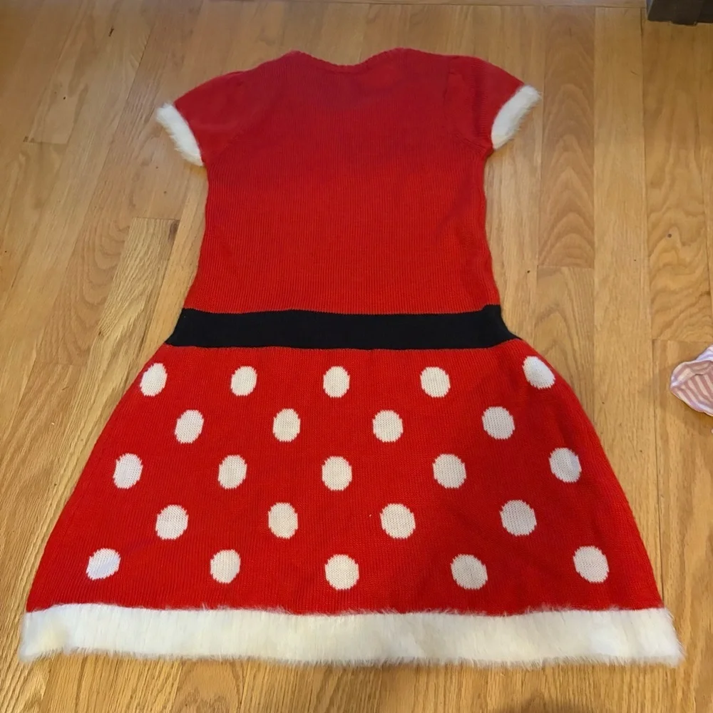 Disney Minnie Mouse Christmas Fuzzy Dress Sz Medium 7/8 Polka Dot Red Black